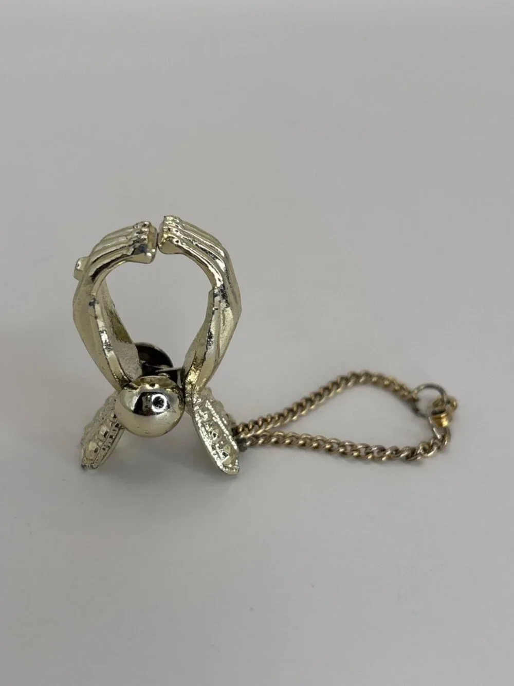 Vintage Mid Century Gold Tone Metal Hand Shape Glove Holder with Attached Chain